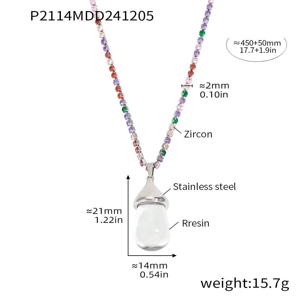 Wholesale Women's Light Luxury Stainless Steel And Resin Water Drop Clavicle Necklace With Colorful Zircon And Geometric Pattern Electroplated - Image 10
