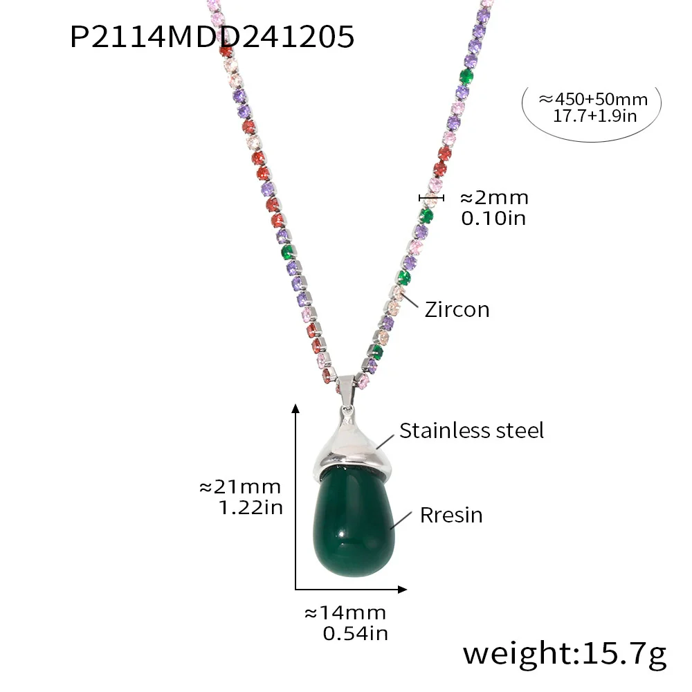 Wholesale Women's Light Luxury Stainless Steel And Resin Water Drop Clavicle Necklace With Colorful Zircon And Geometric Pattern Electroplated - Image 11