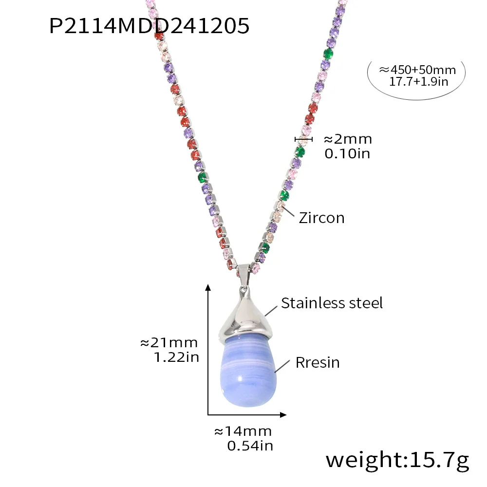 Wholesale Women's Light Luxury Stainless Steel And Resin Water Drop Clavicle Necklace With Colorful Zircon And Geometric Pattern Electroplated - Image 12