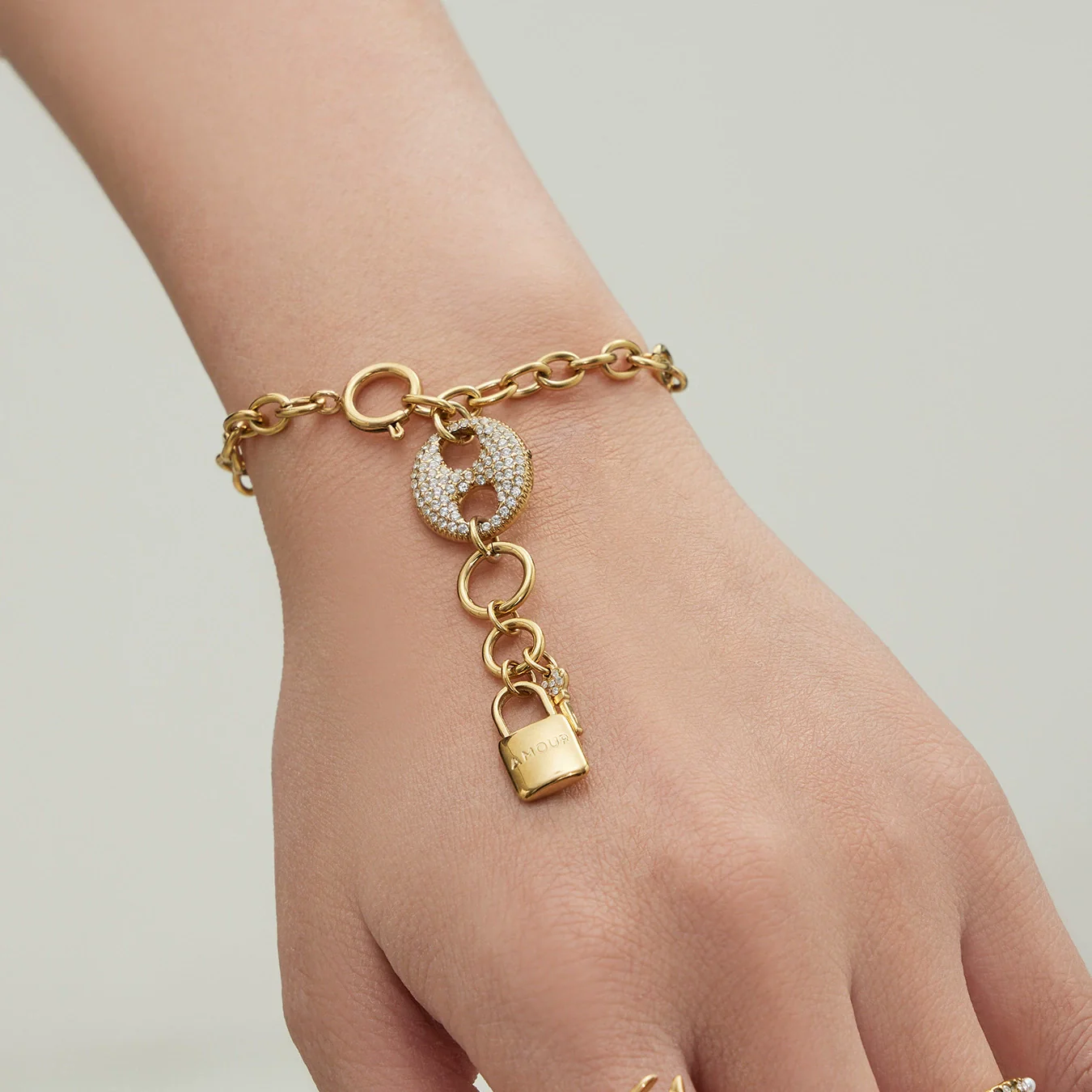 Wholesale Women's Light Luxury Stainless Steel And Zircon Pig Nose Lock Tassel Pendant 18K Real Gold Plated Necklace And Bracelet Set - Image 3