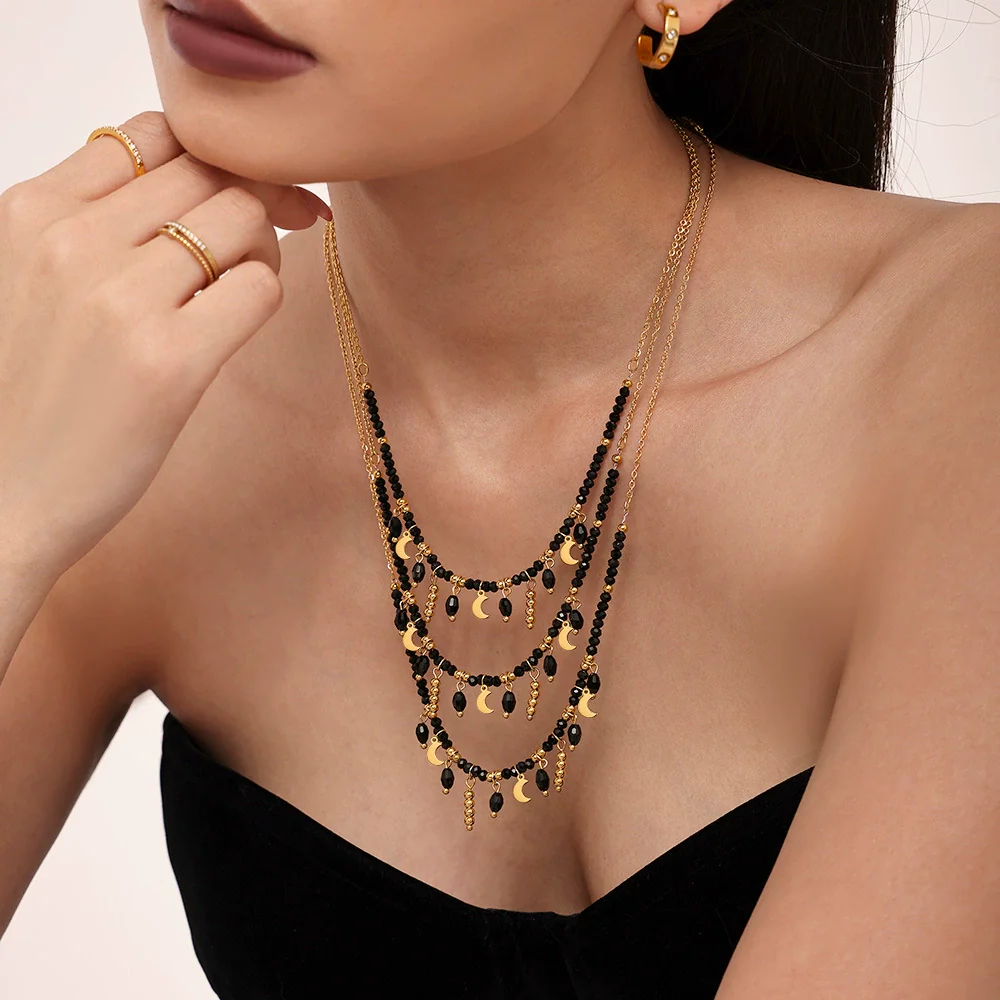 Wholesale Women's Light Luxury Stainless Steel Black Crystal Geometric Tassel Moon Collarbone Necklace With Electroplating - Image 4