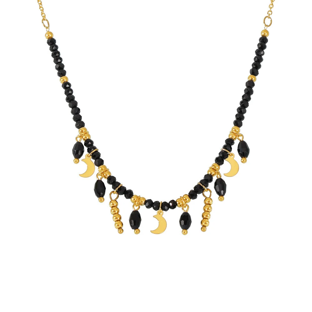 Wholesale Women's Light Luxury Stainless Steel Black Crystal Geometric Tassel Moon Collarbone Necklace With Electroplating - Image 5
