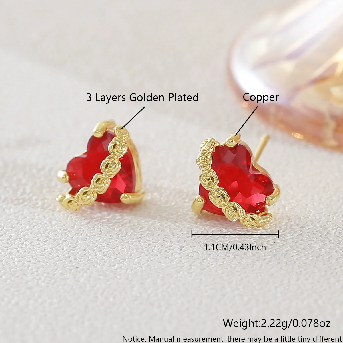 Wholesale Women's Light Luxury Style 18K Goldplated Copper Red Heartshaped Zircon Stud Earrings Jewelry Accessories - Image 6