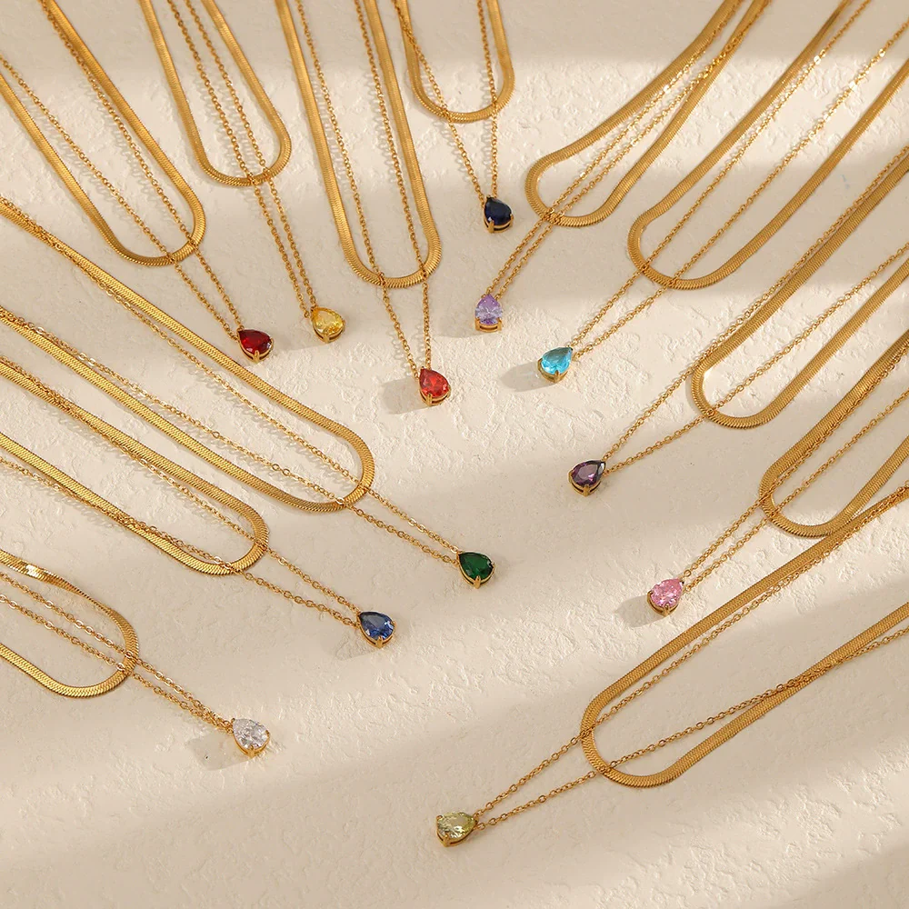 Wholesale Women's Light Luxury Style Colorful Zircon Stainless Steel Drop Shape Pendant Stacked Clavicle Chain Necklace With Pvd Furnace Vacuum Real Gold Plating