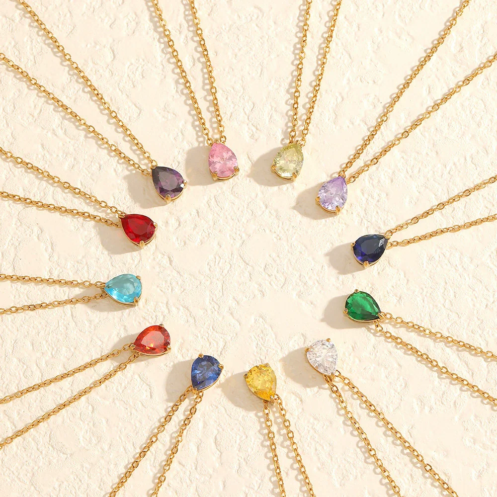 Wholesale Women's Light Luxury Style Colorful Zircon Stainless Steel Drop Shape Pendant Stacked Clavicle Chain Necklace With Pvd Furnace Vacuum Real Gold Plating - Image 2