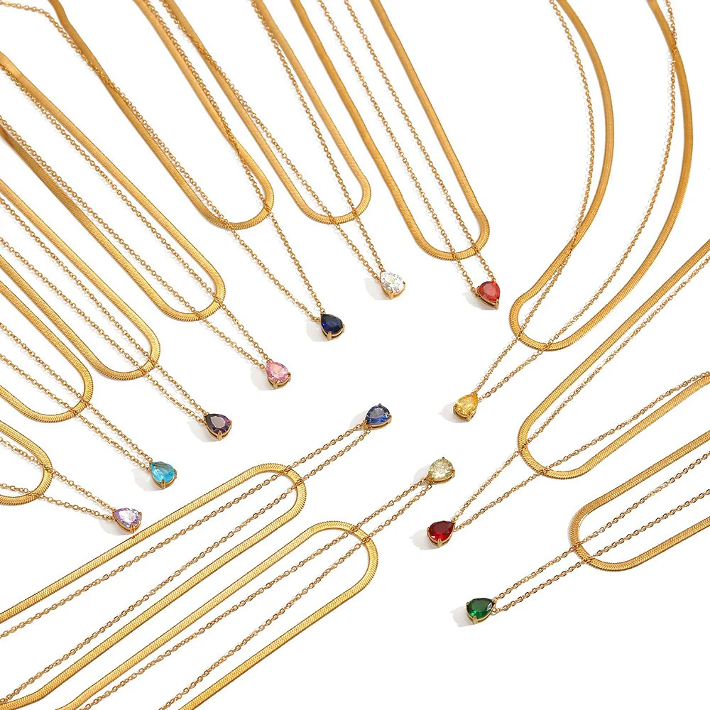 Wholesale Women's Light Luxury Style Colorful Zircon Stainless Steel Drop Shape Pendant Stacked Clavicle Chain Necklace With Pvd Furnace Vacuum Real Gold Plating - Image 4