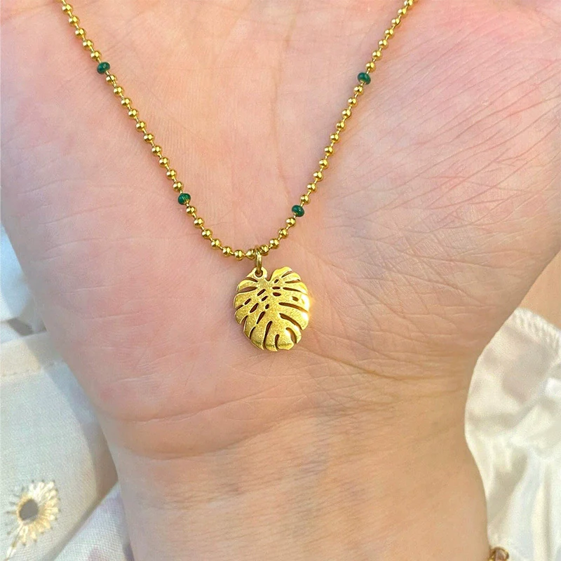 Wholesale Women's Light Luxury Style Electroplated Stainless Steel Leaf Pendant Ball Chain Necklace