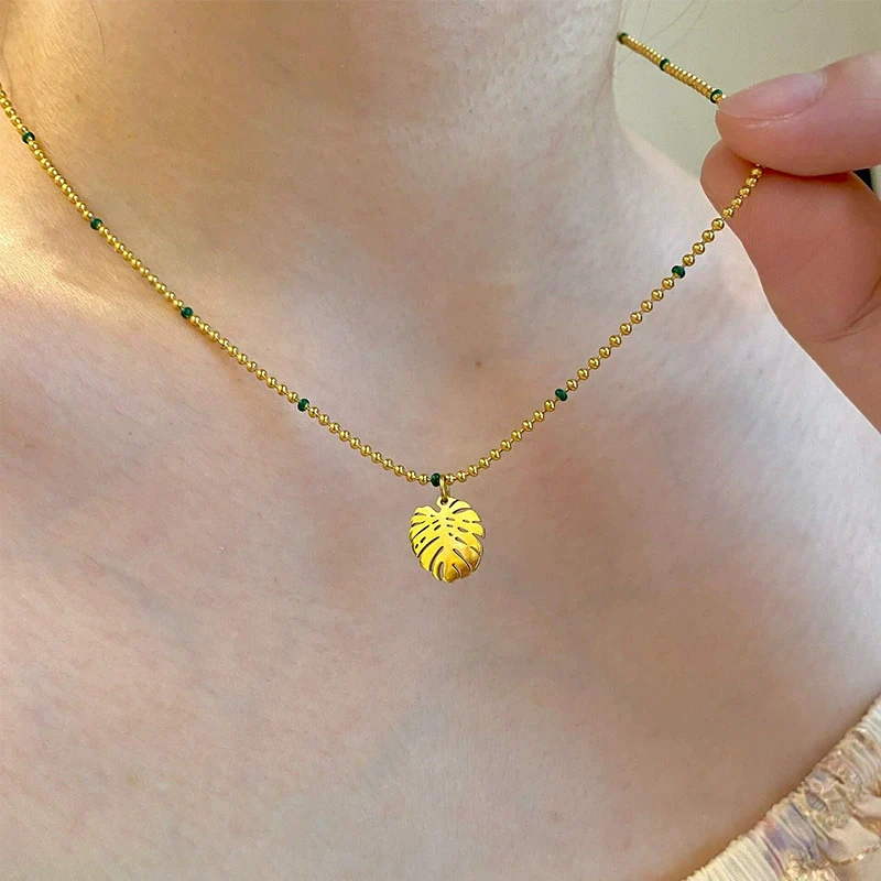 Wholesale Women's Light Luxury Style Electroplated Stainless Steel Leaf Pendant Ball Chain Necklace - Image 2