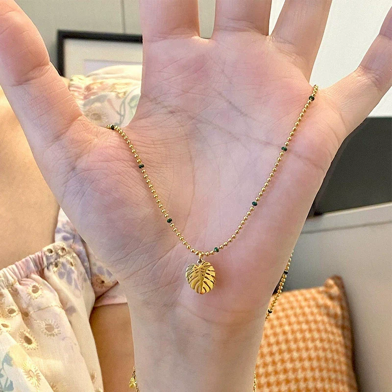 Wholesale Women's Light Luxury Style Electroplated Stainless Steel Leaf Pendant Ball Chain Necklace - Image 3