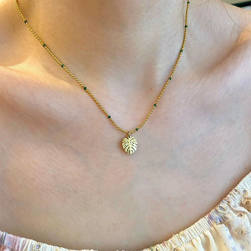 Wholesale Women's Light Luxury Style Electroplated Stainless Steel Leaf Pendant Ball Chain Necklace - Image 4