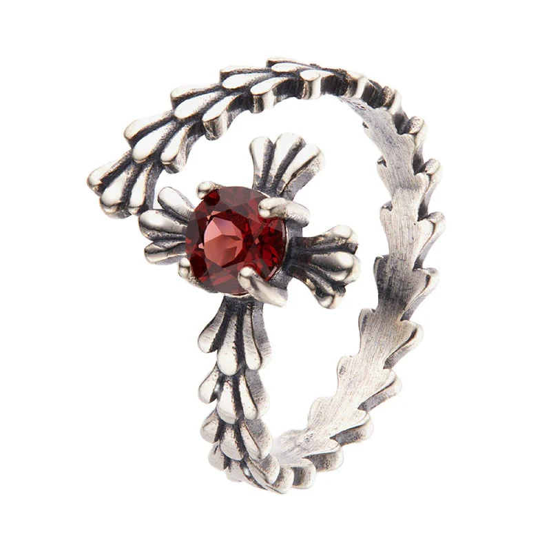 Wholesale Women's Light Luxury Style Flower Shaped S925 Sterling Silver Natural Garnet Inlaid Ring Jewelry - Image 5