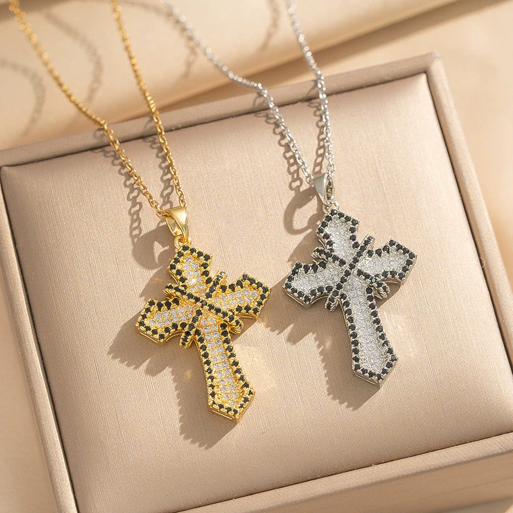 Wholesale Women's Light Luxury Style Gold Plated Copper Zircon Inlaid Cross Pendant Necklace With O Word Chain