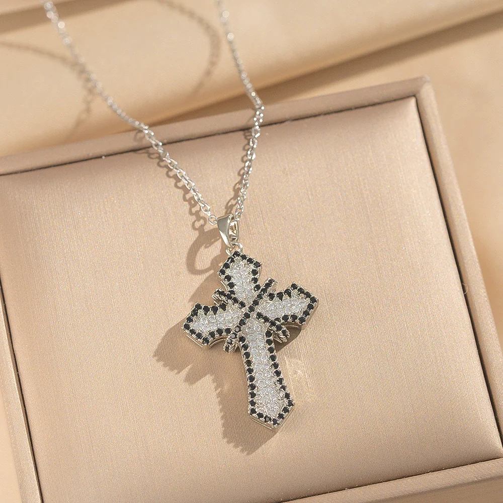 Wholesale Women's Light Luxury Style Gold Plated Copper Zircon Inlaid Cross Pendant Necklace With O Word Chain - Image 3