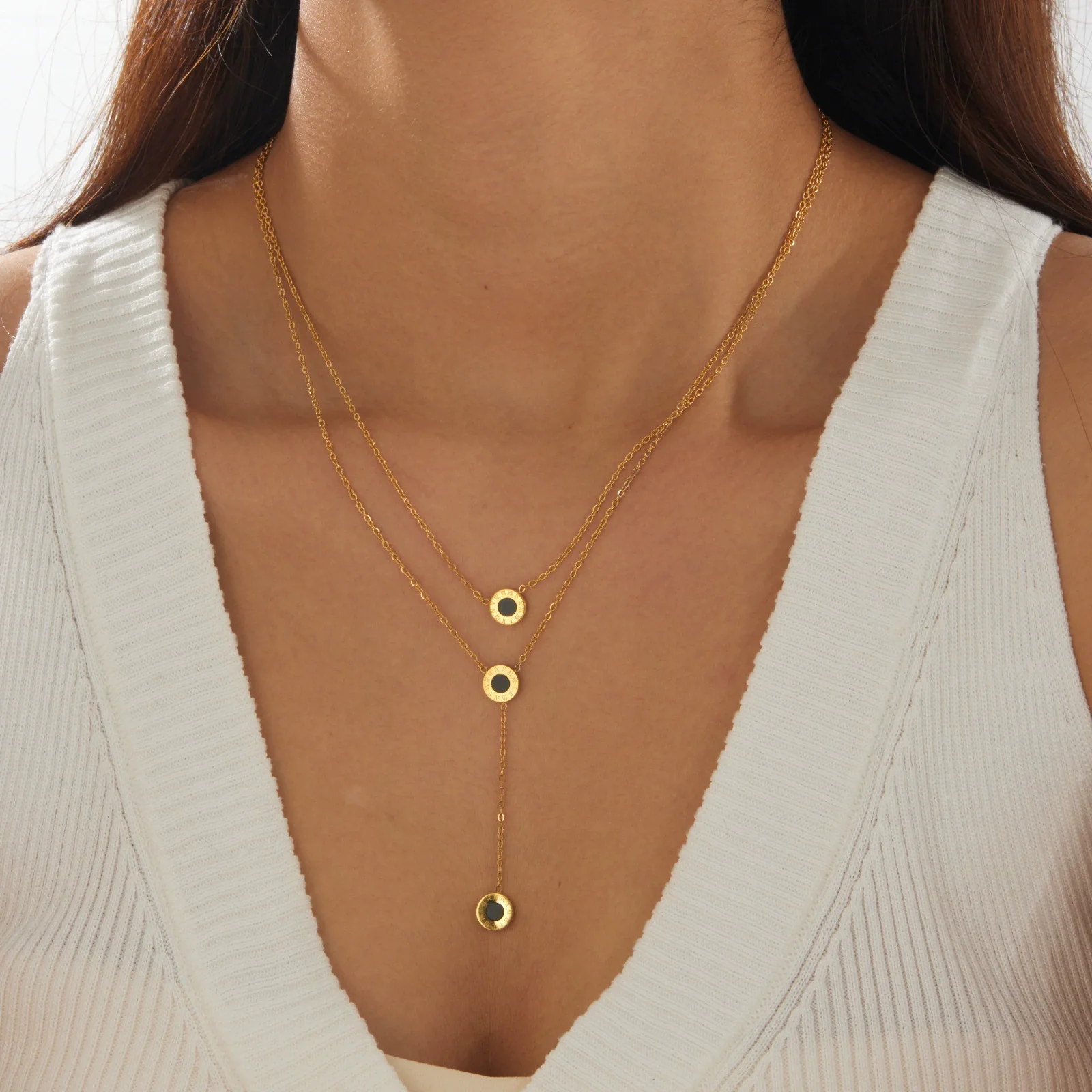 Wholesale Women's Light Luxury Style Gold Plated Stainless Steel Layered Necklace With Black Round And Roman Numeral Pendants - Image 2