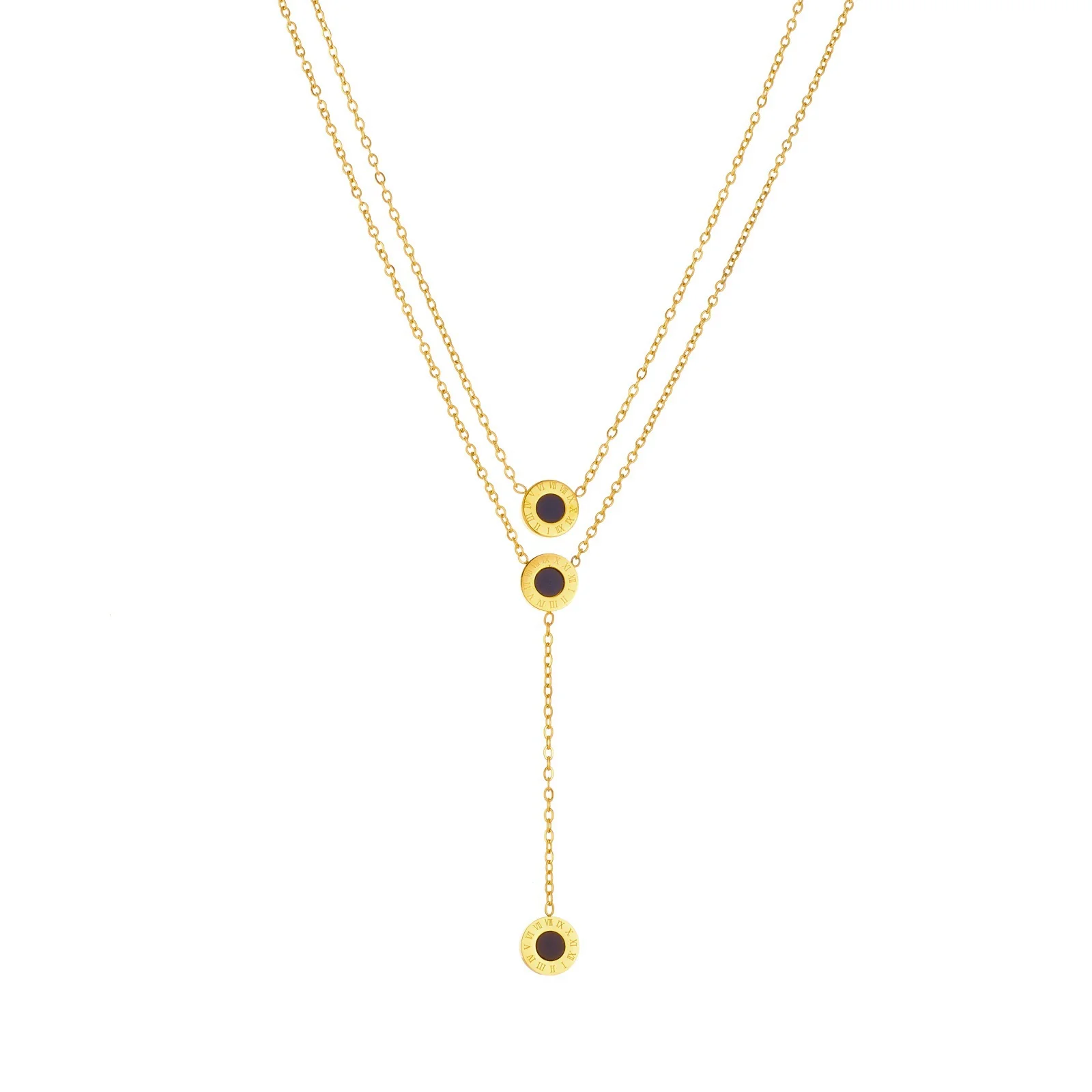 Wholesale Women's Light Luxury Style Gold Plated Stainless Steel Layered Necklace With Black Round And Roman Numeral Pendants - Image 5