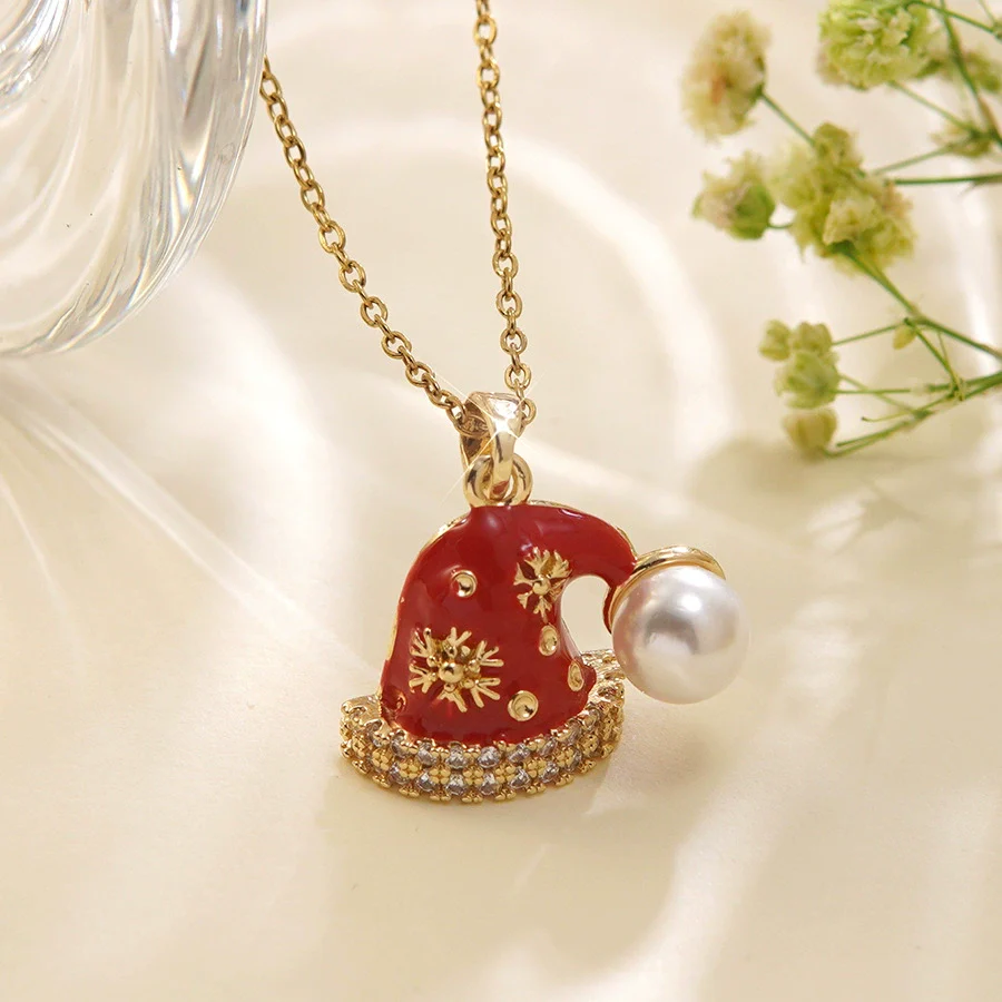 Wholesale Women's Light Luxury Style Stainless Steel And Copper Necklace With Glass Inlay Of Cartoon Characters Christmas Tree And Bow - Image 11