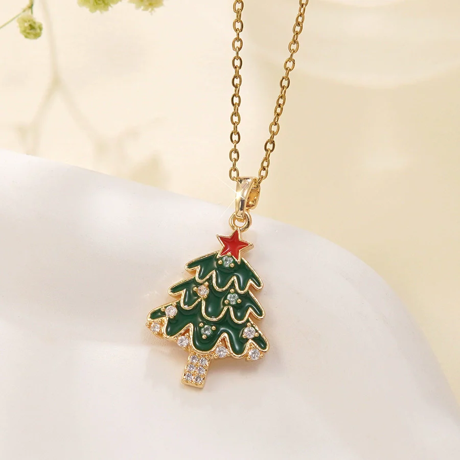 Wholesale Women's Light Luxury Style Stainless Steel And Copper Necklace With Glass Inlay Of Cartoon Characters Christmas Tree And Bow - Image 12