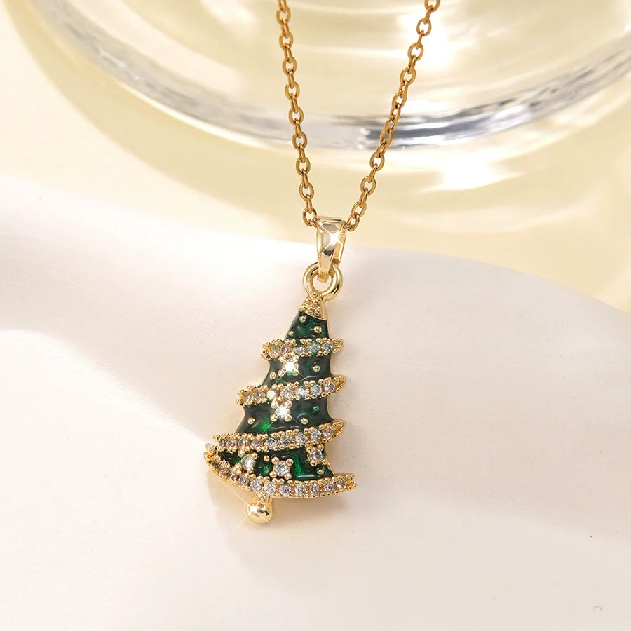 Wholesale Women's Light Luxury Style Stainless Steel And Copper Necklace With Glass Inlay Of Cartoon Characters Christmas Tree And Bow - Image 8