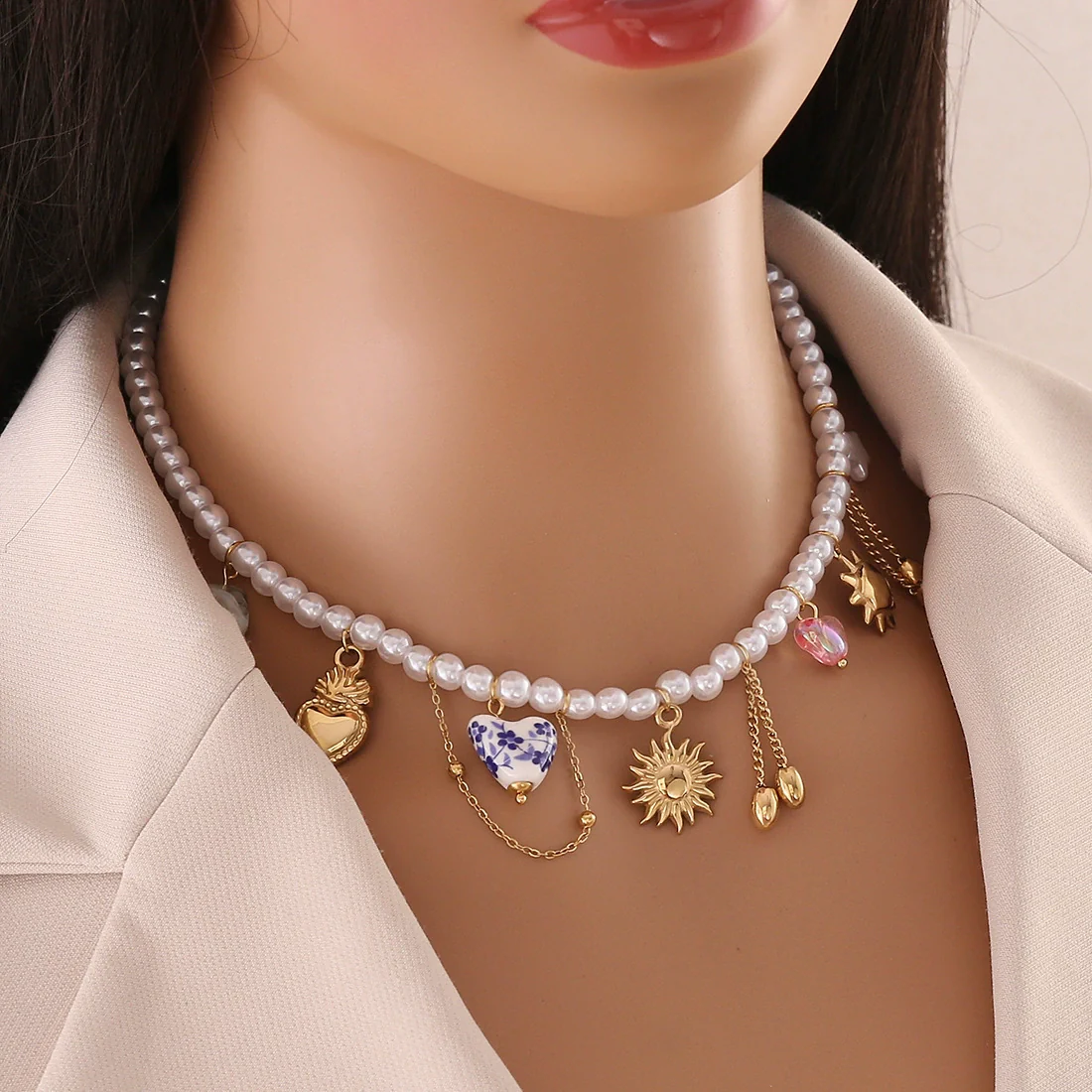 Wholesale Women's Light Luxury Style Stainless Steel Pearl Strand Necklace With Real Gold Plated Heart Shape Titanium Steel Pendant - Image 2