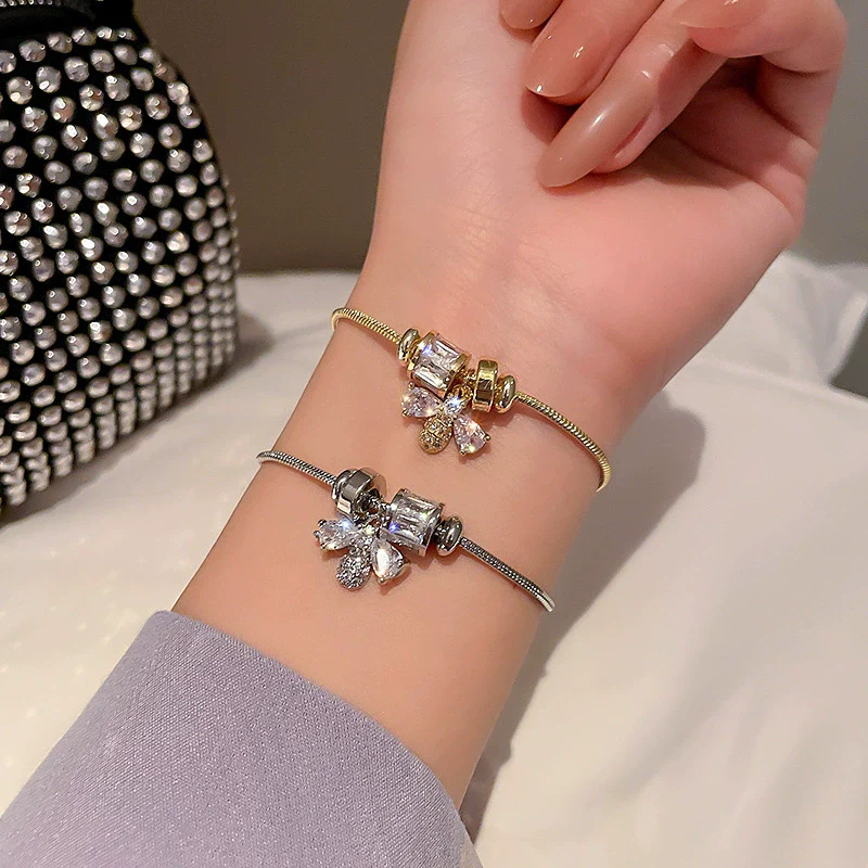 Wholesale Women's Light Luxury Titanium Steel Bracelet With Alloy Inlaid Artificial And Semiprecious Stones Microinlay Adjustable Pull And Letters Numbers Text Pattern - Image 2