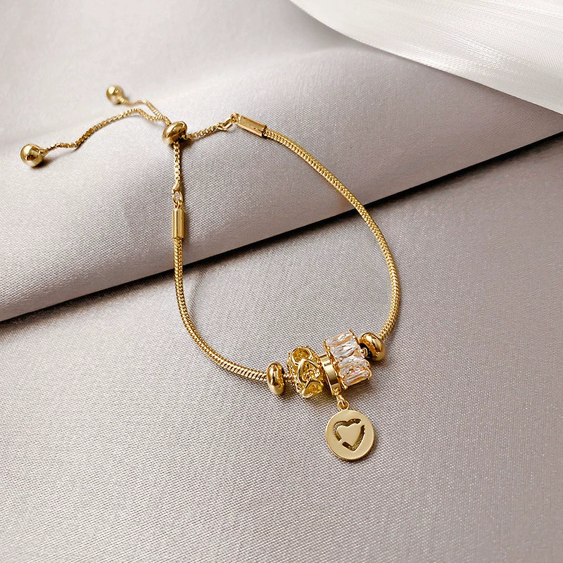 Wholesale Women's Light Luxury Titanium Steel Bracelet With Alloy Inlaid Artificial And Semiprecious Stones Microinlay Adjustable Pull And Letters Numbers Text Pattern - Image 9