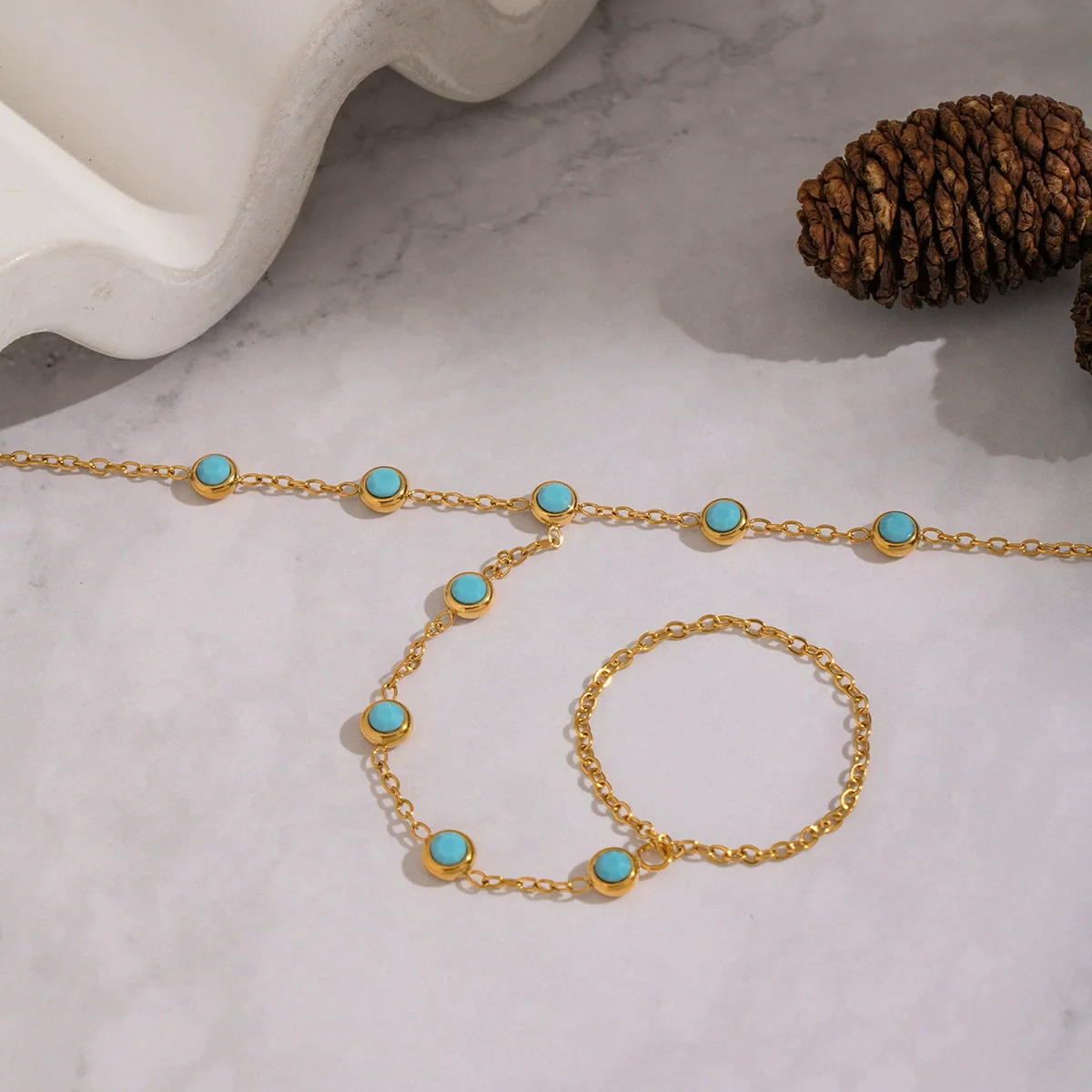 Wholesale Women's Literary Geometric Real Gold Plated Stainless Steel Turquoise Finger Chain Bracelet Jewelry - Image 2