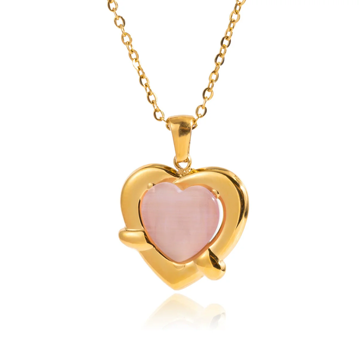 Wholesale Women's Love Shape Stainless Steel Electroplated Necklace With Pink Cat's Eye Stone - Image 5