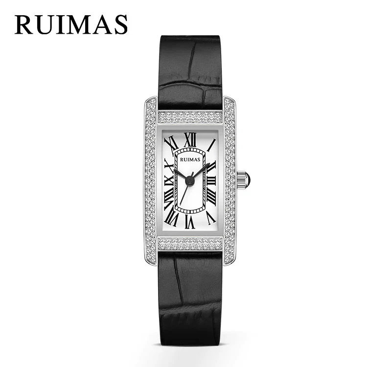 Wholesale Women's Luxury Fashion Quartz Watch With Alloy Case Genuine Leather Strap And Stainless Steel Buckle Embedded With Diamonds Rectangular Dial - Image 10