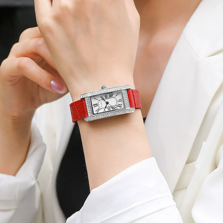 Wholesale Women's Luxury Fashion Quartz Watch With Alloy Case Genuine Leather Strap And Stainless Steel Buckle Embedded With Diamonds Rectangular Dial - Image 2