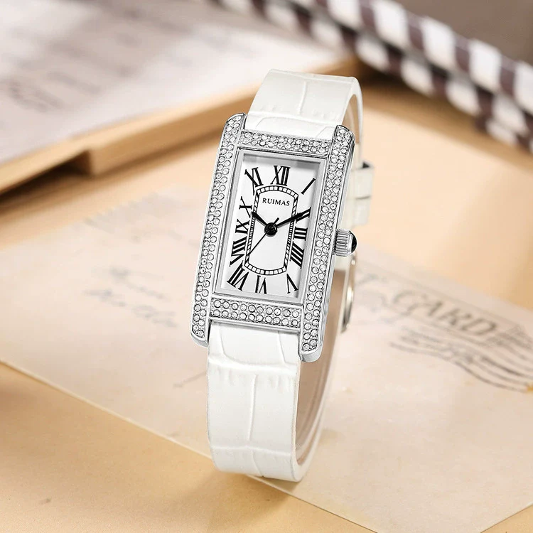 Wholesale Women's Luxury Fashion Quartz Watch With Alloy Case Genuine Leather Strap And Stainless Steel Buckle Embedded With Diamonds Rectangular Dial - Image 3