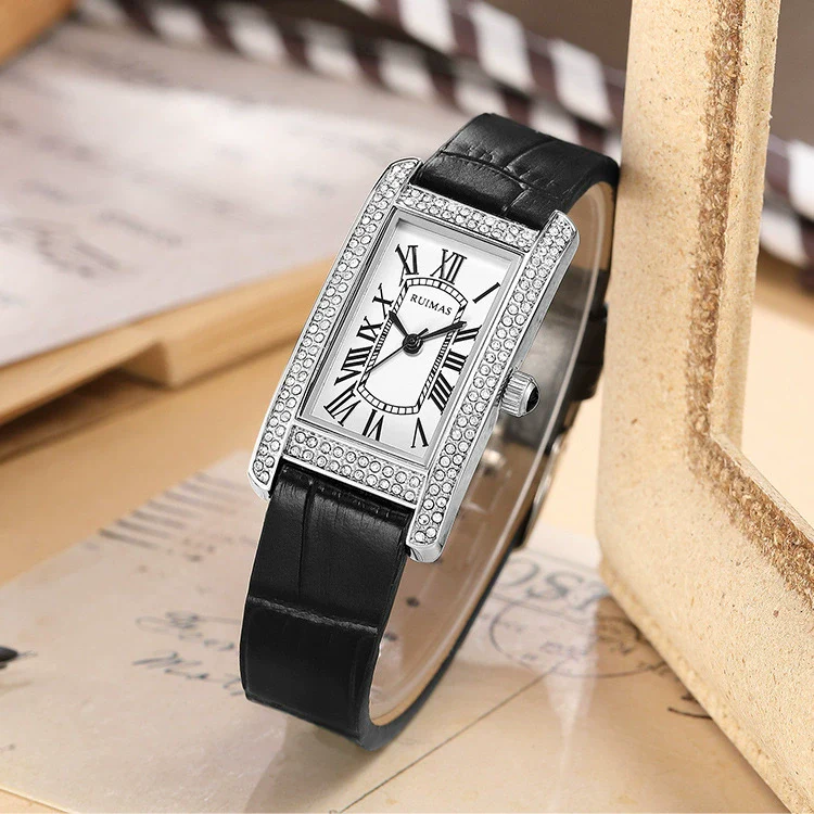 Wholesale Women's Luxury Fashion Quartz Watch With Alloy Case Genuine Leather Strap And Stainless Steel Buckle Embedded With Diamonds Rectangular Dial - Image 4