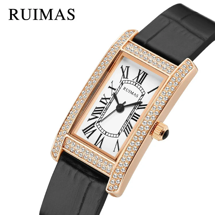 Wholesale Women's Luxury Fashion Quartz Watch With Alloy Case Genuine Leather Strap And Stainless Steel Buckle Embedded With Diamonds Rectangular Dial - Image 5