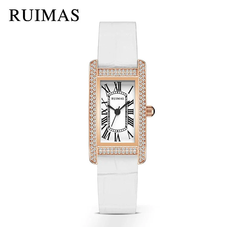 Wholesale Women's Luxury Fashion Quartz Watch With Alloy Case Genuine Leather Strap And Stainless Steel Buckle Embedded With Diamonds Rectangular Dial - Image 6