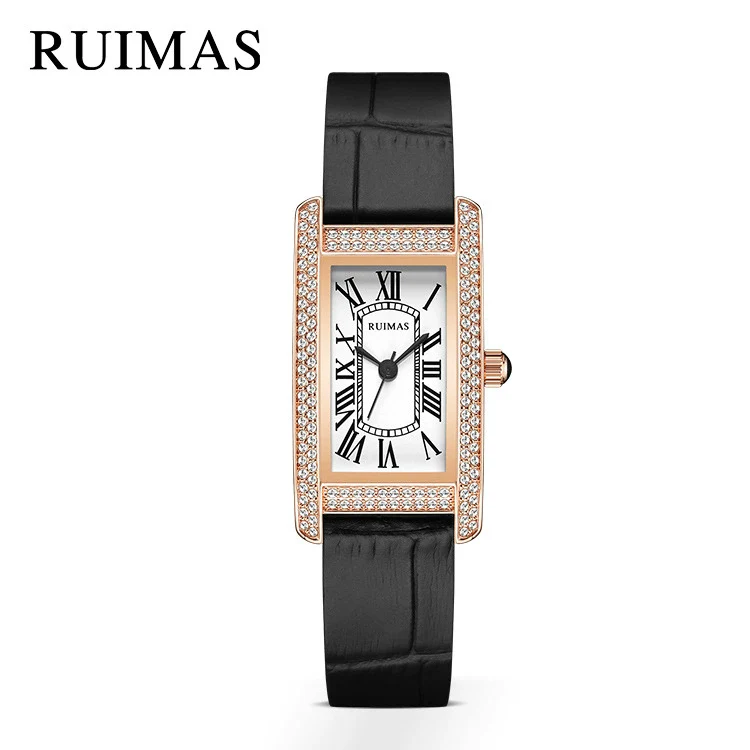 Wholesale Women's Luxury Fashion Quartz Watch With Alloy Case Genuine Leather Strap And Stainless Steel Buckle Embedded With Diamonds Rectangular Dial - Image 7