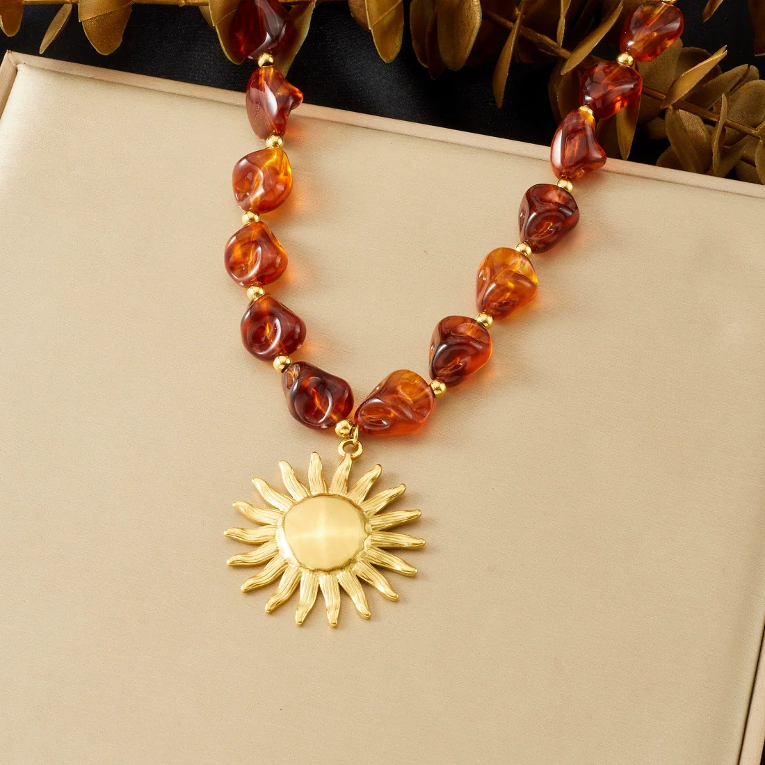 Wholesale Women's Maillard Geometric Irregular Beaded Goldplated Stainless Steel Sun Pendant Necklace - Image 6