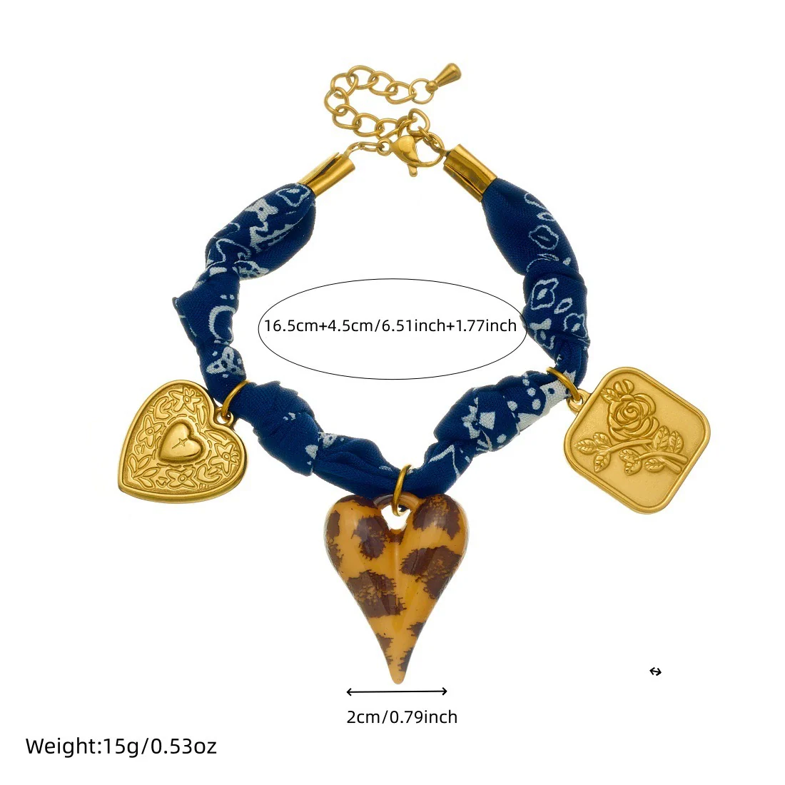 Wholesale Women's Maillard Style Dark Blue Leopard Print Stainless Steel Goldplated Heartshaped Embossed Pendant Bracelet - Image 4