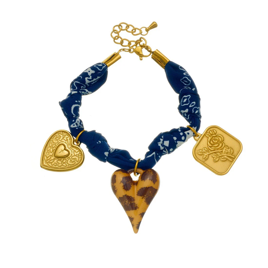 Wholesale Women's Maillard Style Dark Blue Leopard Print Stainless Steel Goldplated Heartshaped Embossed Pendant Bracelet - Image 5