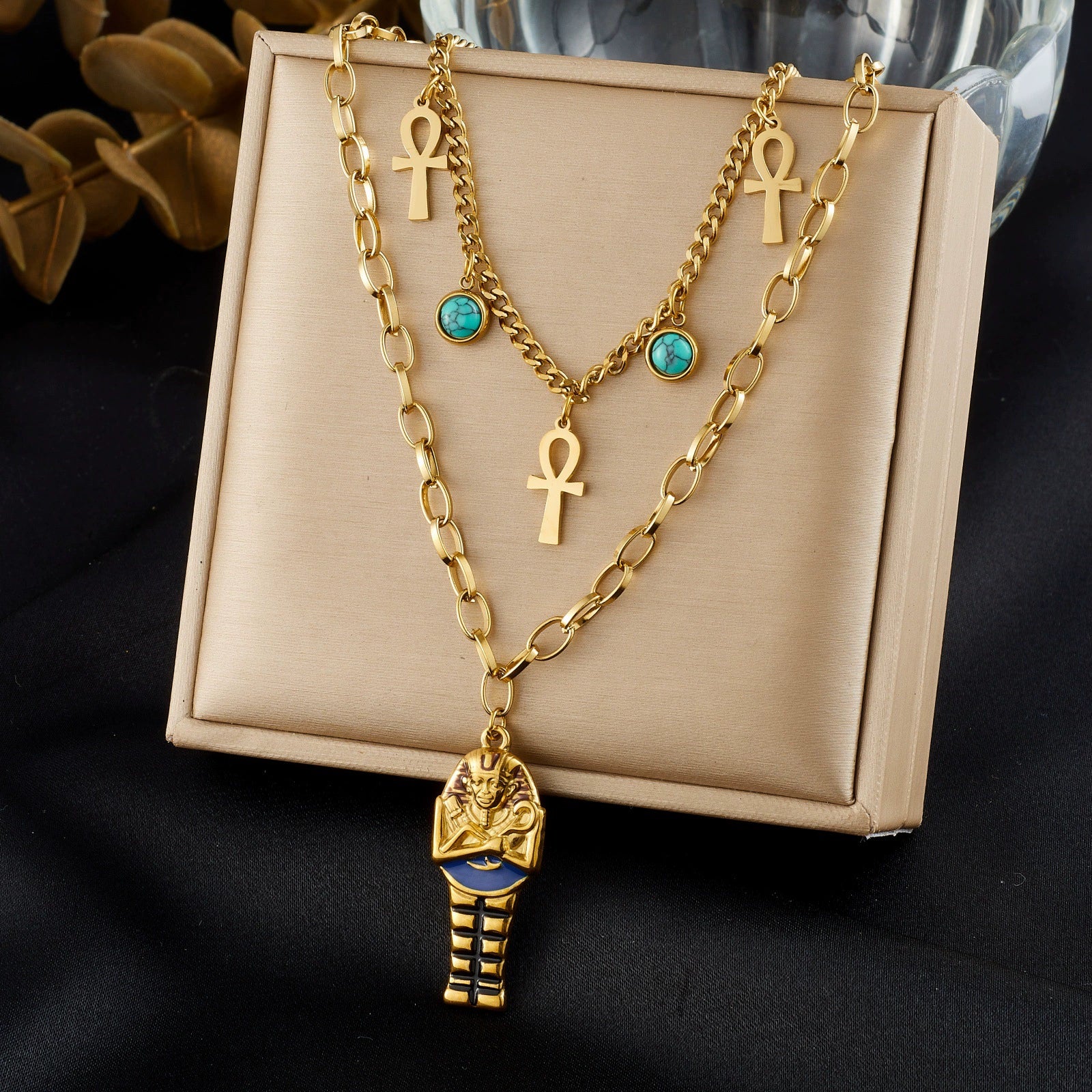 Wholesale Women's Maillard Style Doublelayered Goldplated Stainless Steel Cross Pendant Necklace Choker