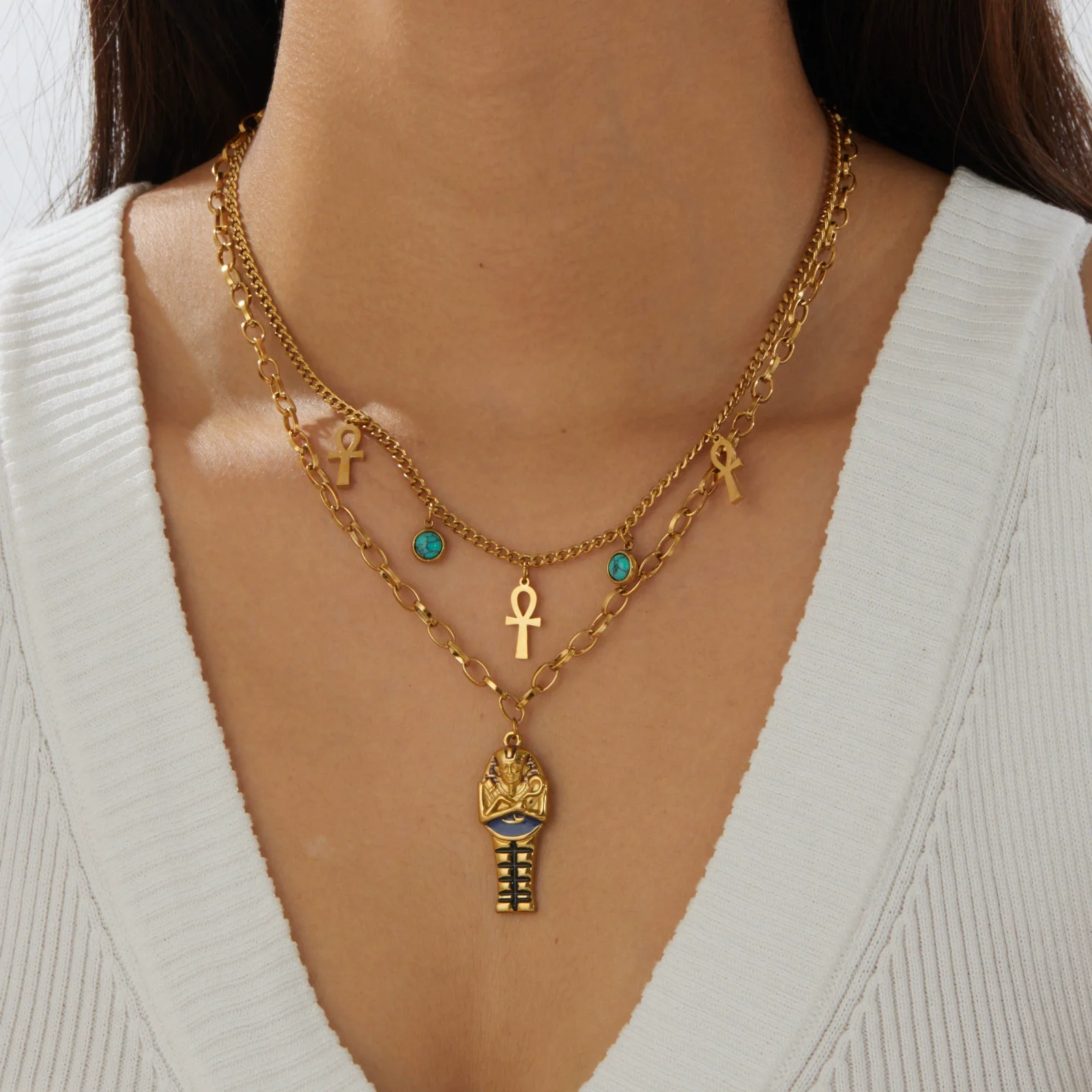 Wholesale Women's Maillard Style Doublelayered Goldplated Stainless Steel Cross Pendant Necklace Choker - Image 2