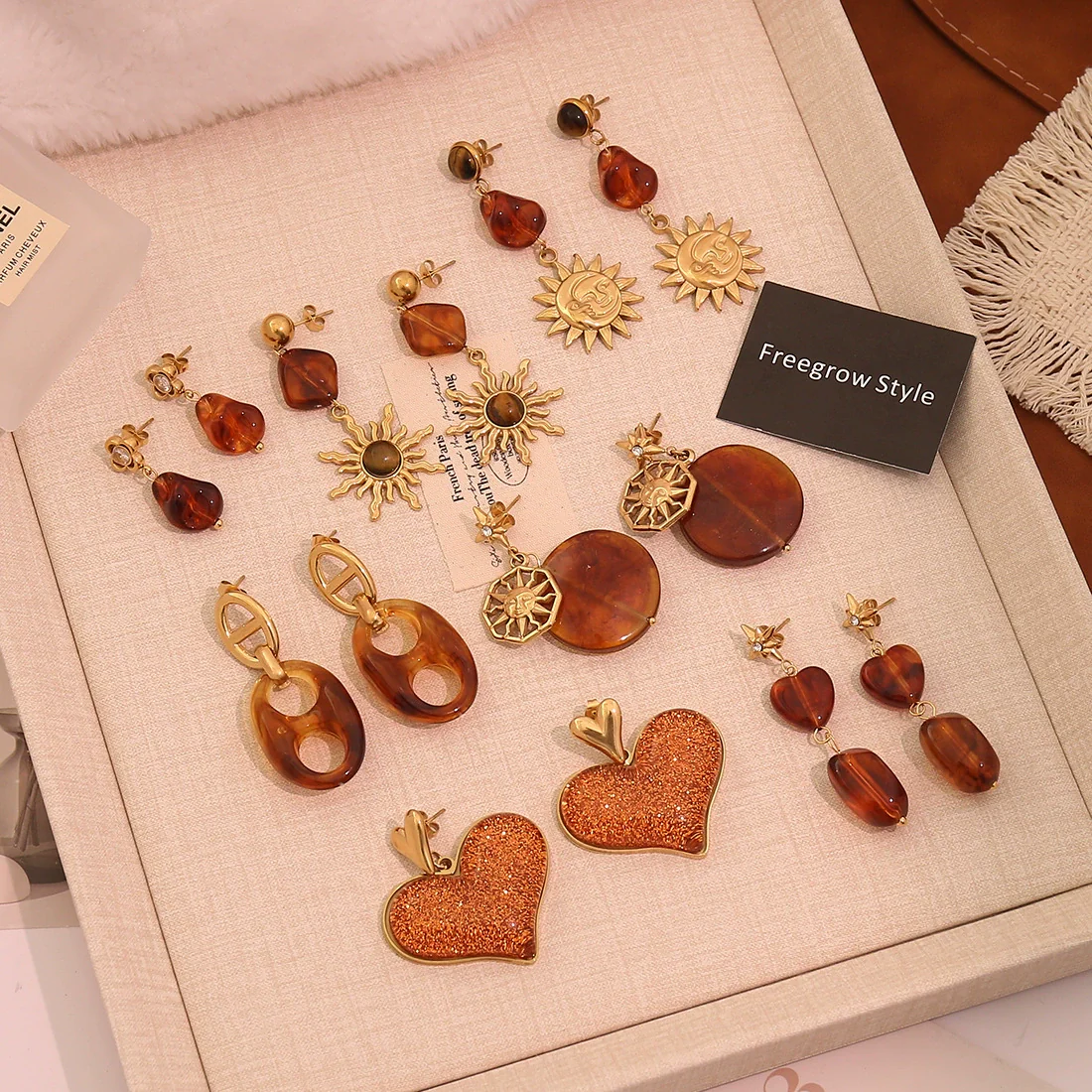 Wholesale Women's Maillard Style Geometric Tiger Eye Real Gold Plated Titanium Steel Earrings