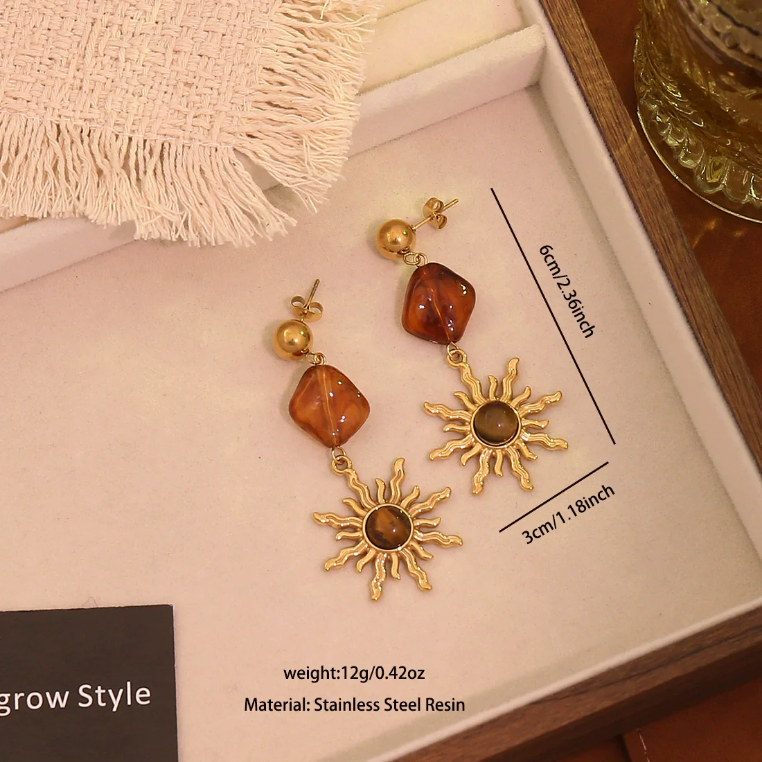 Wholesale Women's Maillard Style Geometric Tiger Eye Real Gold Plated Titanium Steel Earrings - Image 10