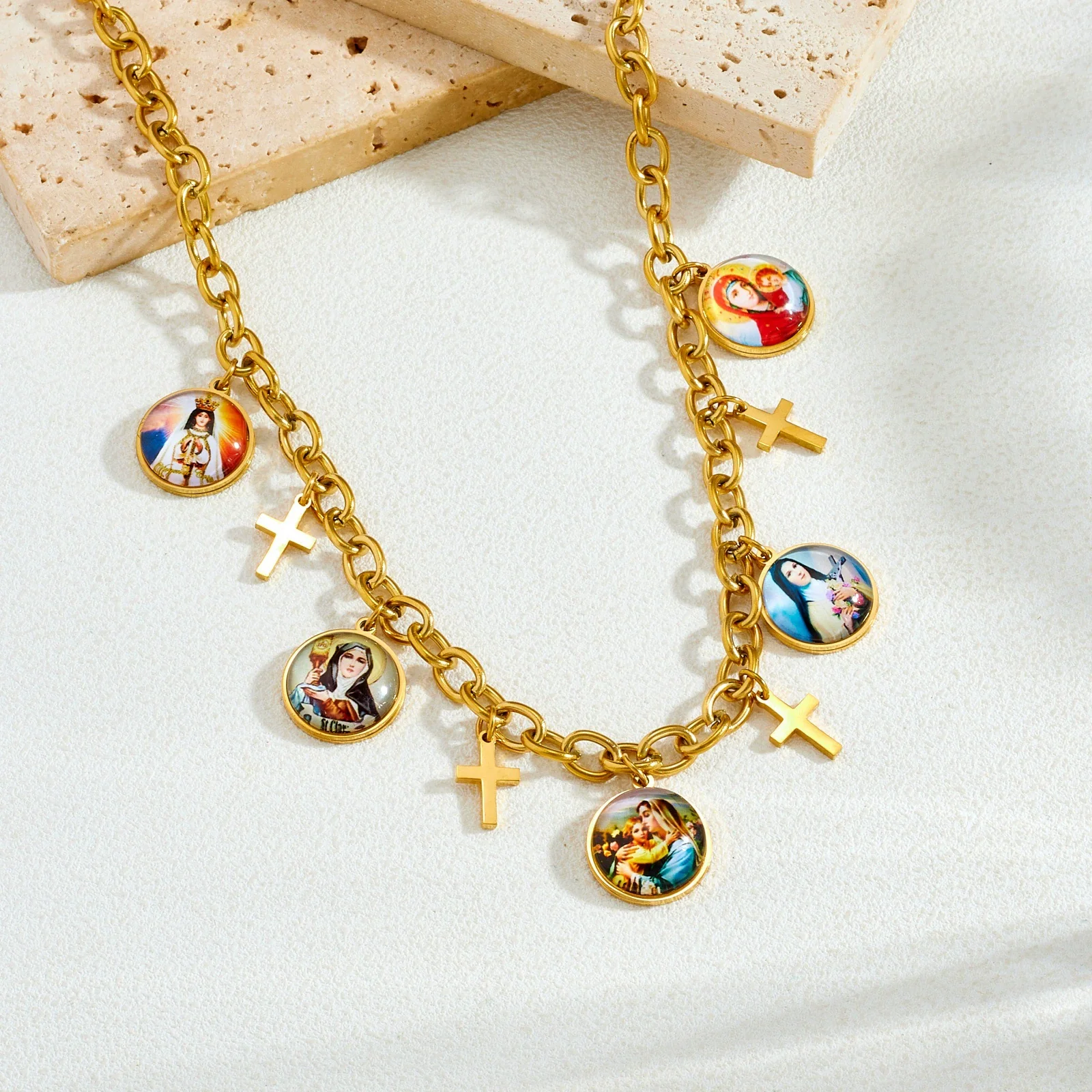 Wholesale Women's Maillard Style Gold Plated Cross Pendant Necklace With Round Portrait Pattern Stainless Steel Oshaped Chain - Image 3