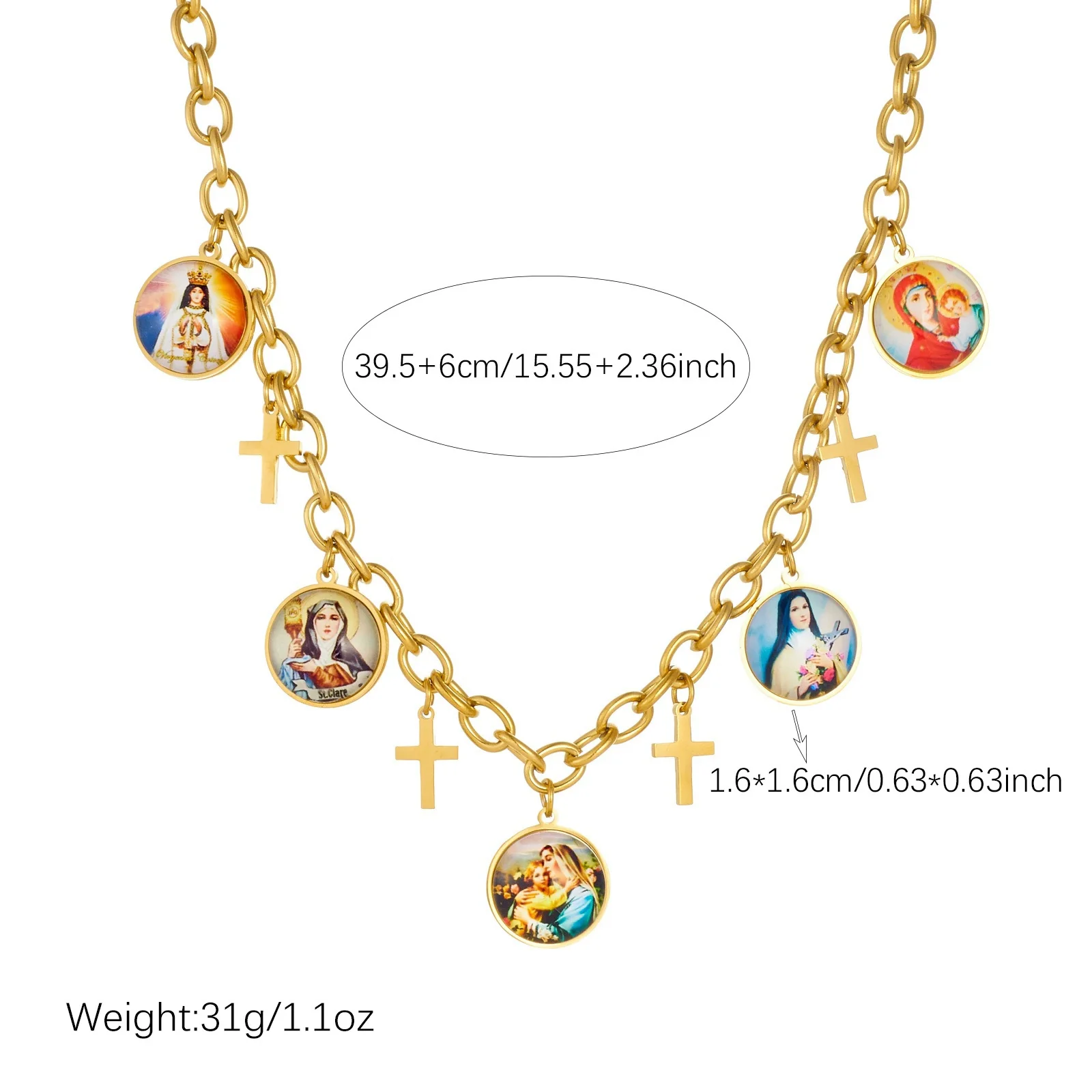 Wholesale Women's Maillard Style Gold Plated Cross Pendant Necklace With Round Portrait Pattern Stainless Steel Oshaped Chain - Image 4