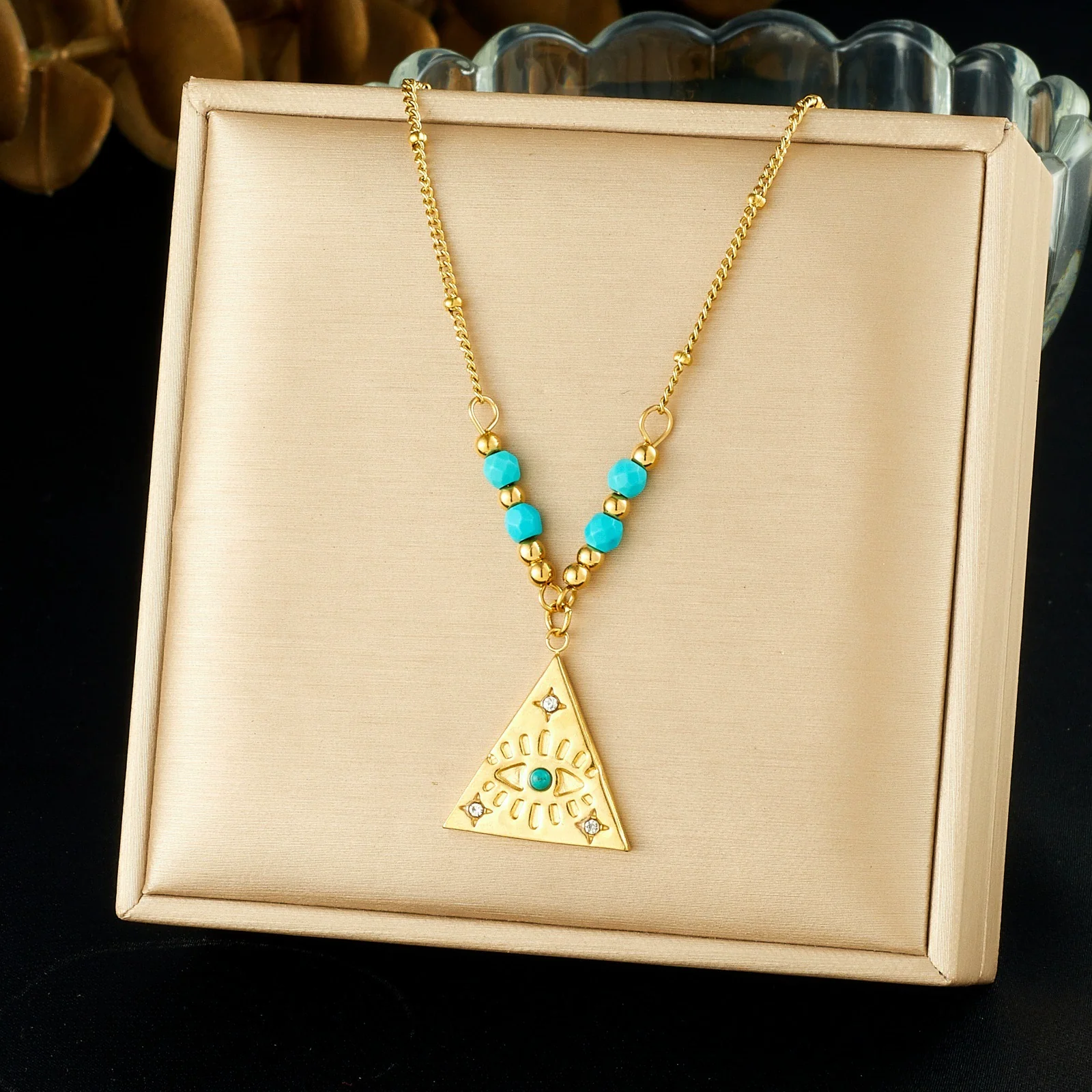 Wholesale Women's Medieval Geometric Blue Turquoise Rhinestone Eye Pattern Triangular Pendant Stainless Steel Electroplated Necklace - Image 3