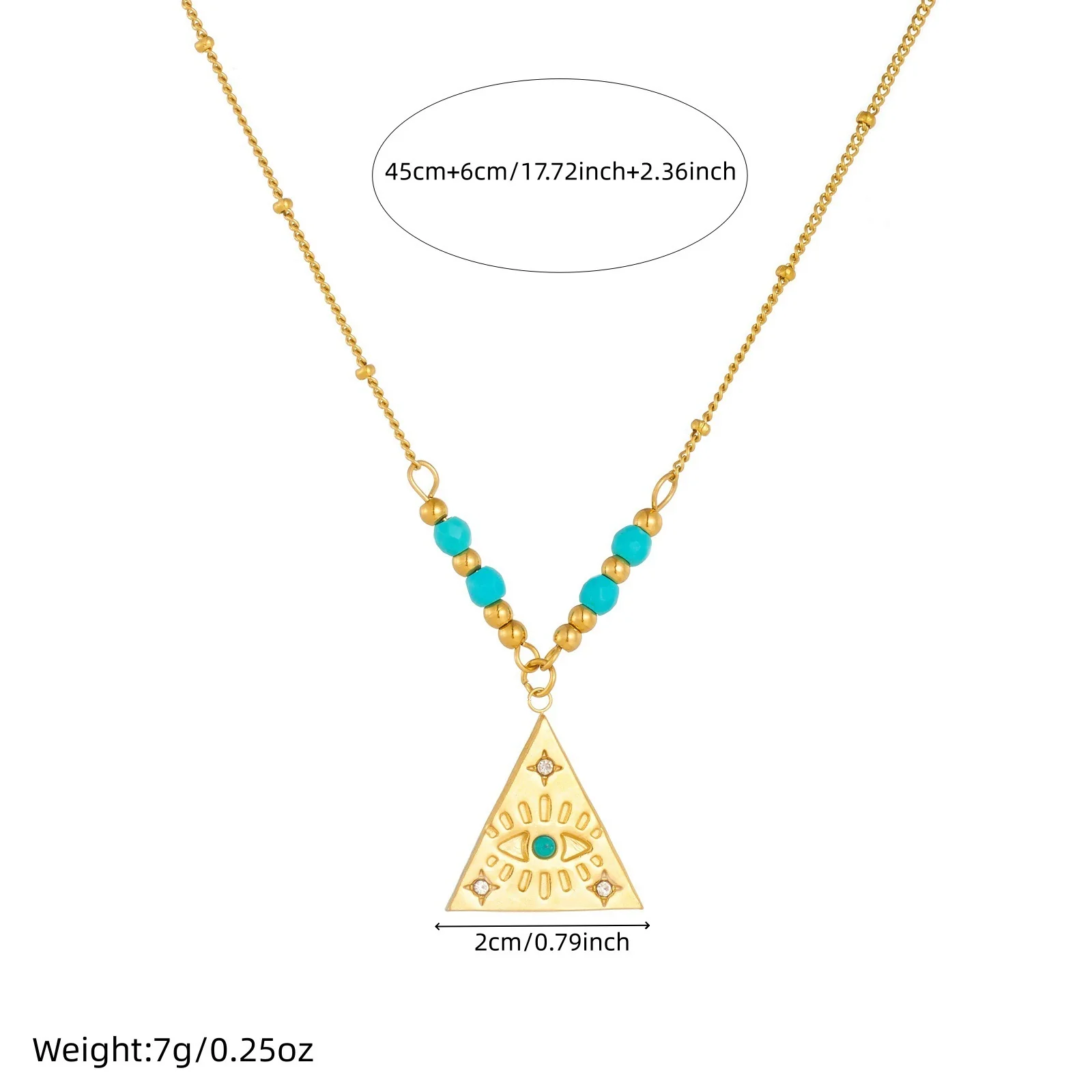 Wholesale Women's Medieval Geometric Blue Turquoise Rhinestone Eye Pattern Triangular Pendant Stainless Steel Electroplated Necklace - Image 4