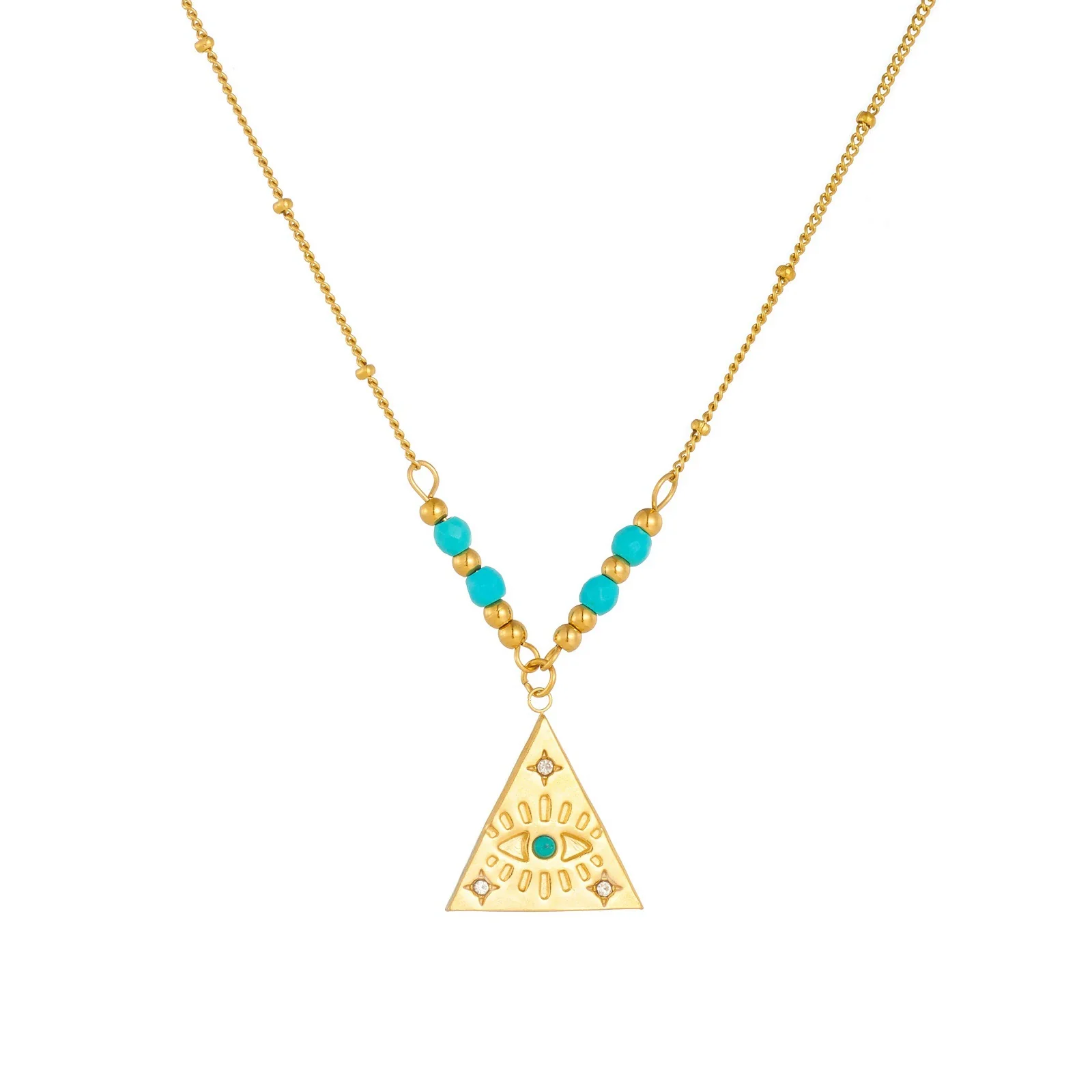 Wholesale Women's Medieval Geometric Blue Turquoise Rhinestone Eye Pattern Triangular Pendant Stainless Steel Electroplated Necklace - Image 5
