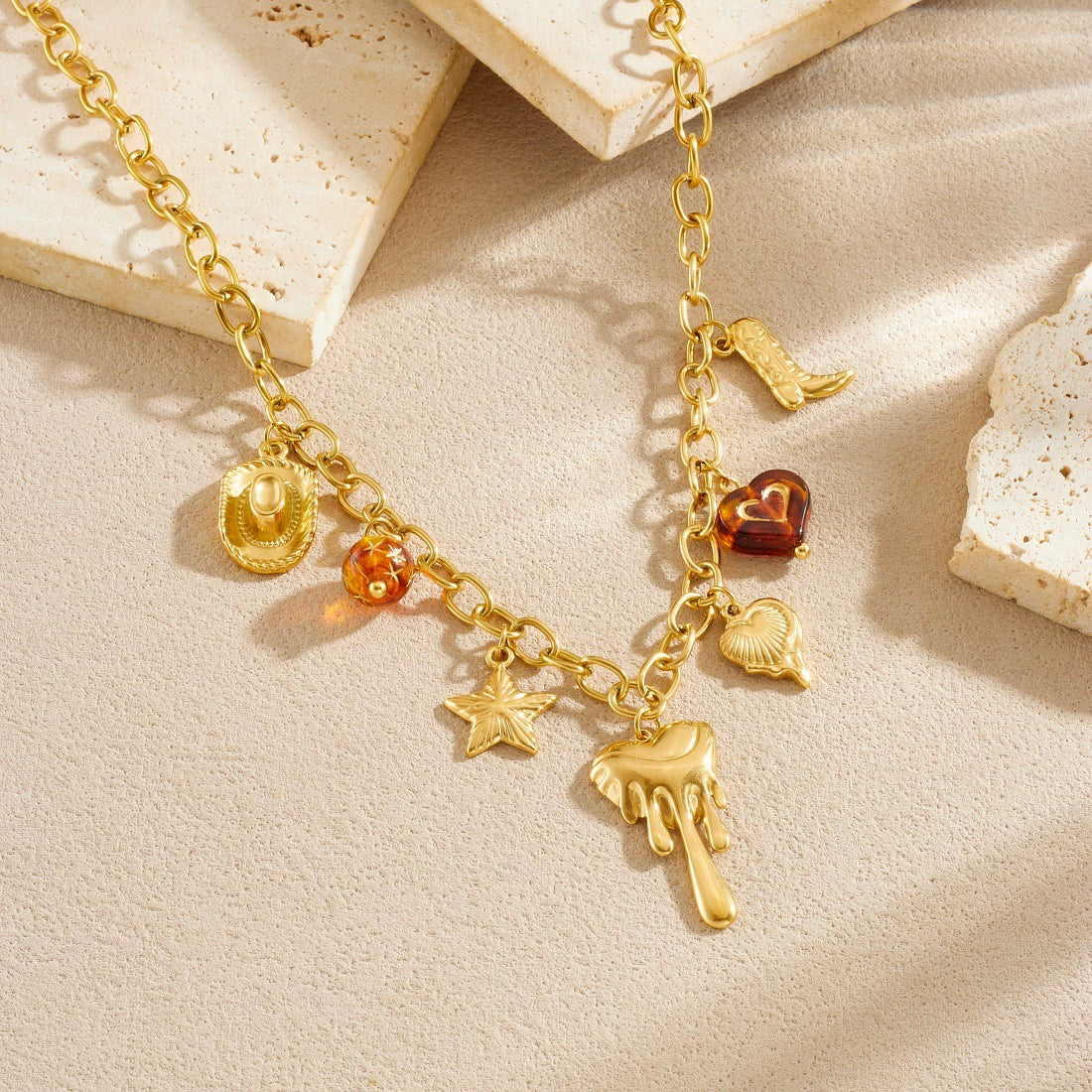 Wholesale Women's Medieval Multielement Heartshaped Goldplated Stainless Steel Pendant Necklace With Oshaped Chain - Image 2