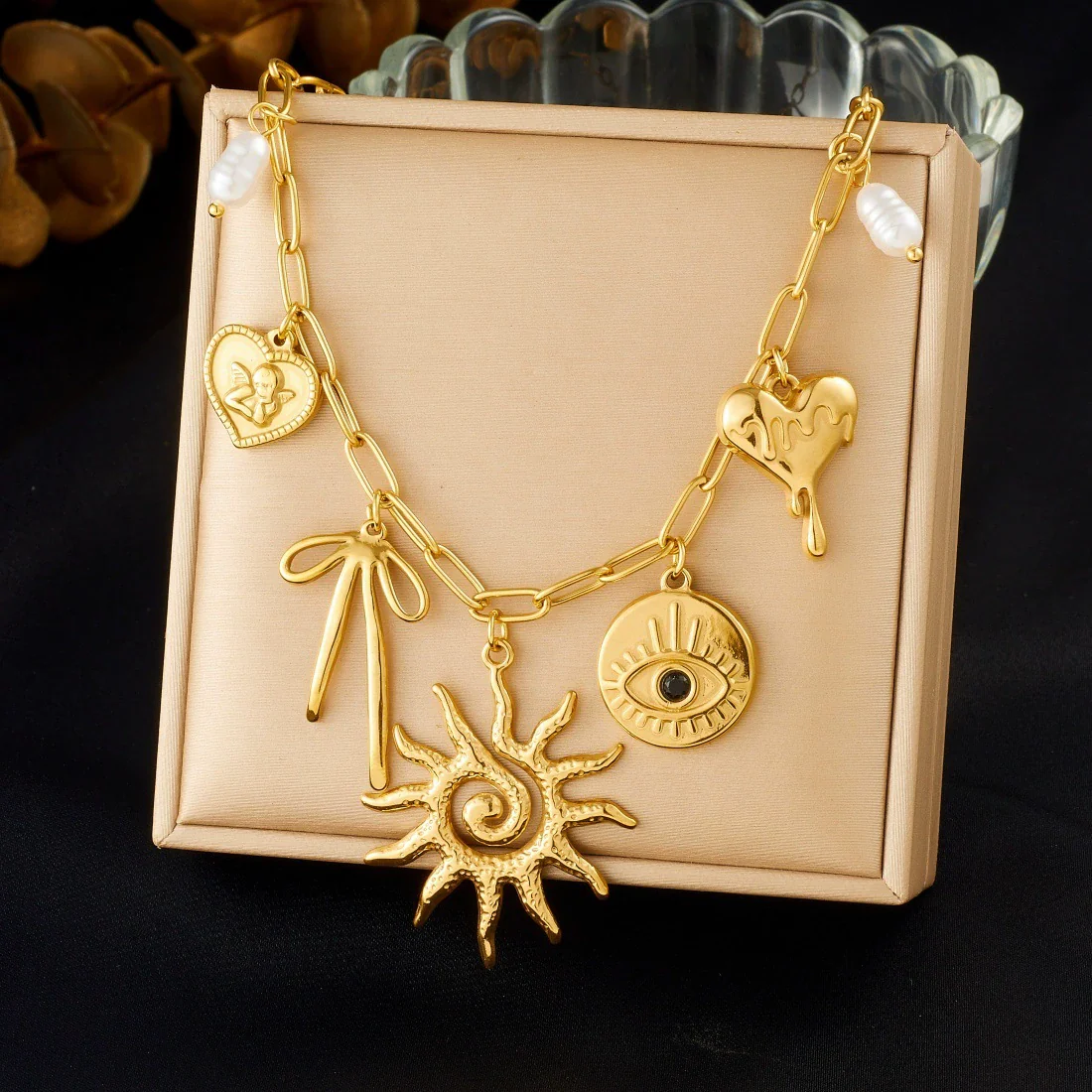Wholesale Women's Medieval Style Goldplated Stainless Steel Necklace With Heartshaped And Bow Tie Pendant And Flat Cross Chain