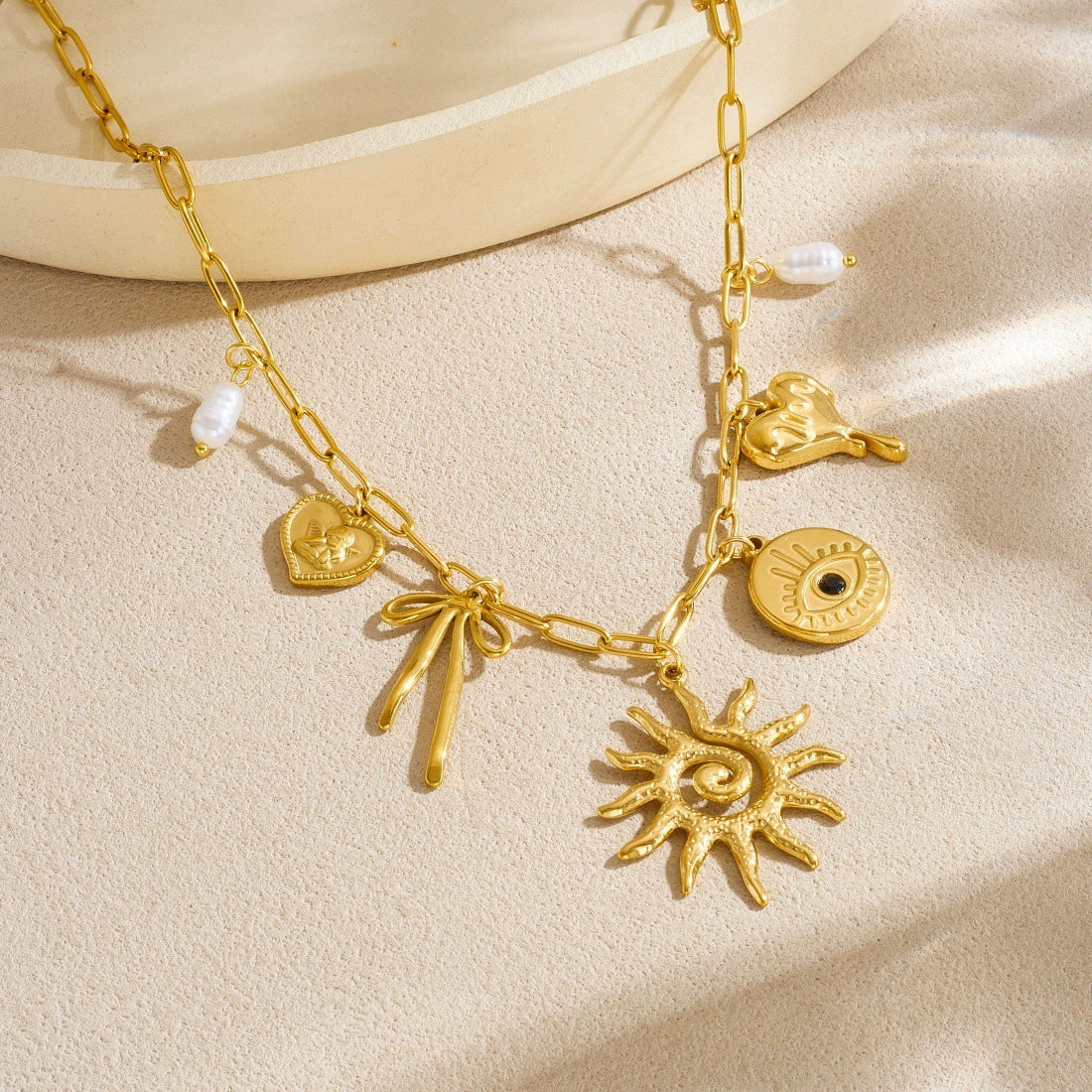 Wholesale Women's Medieval Style Goldplated Stainless Steel Necklace With Heartshaped And Bow Tie Pendant And Flat Cross Chain - Image 2