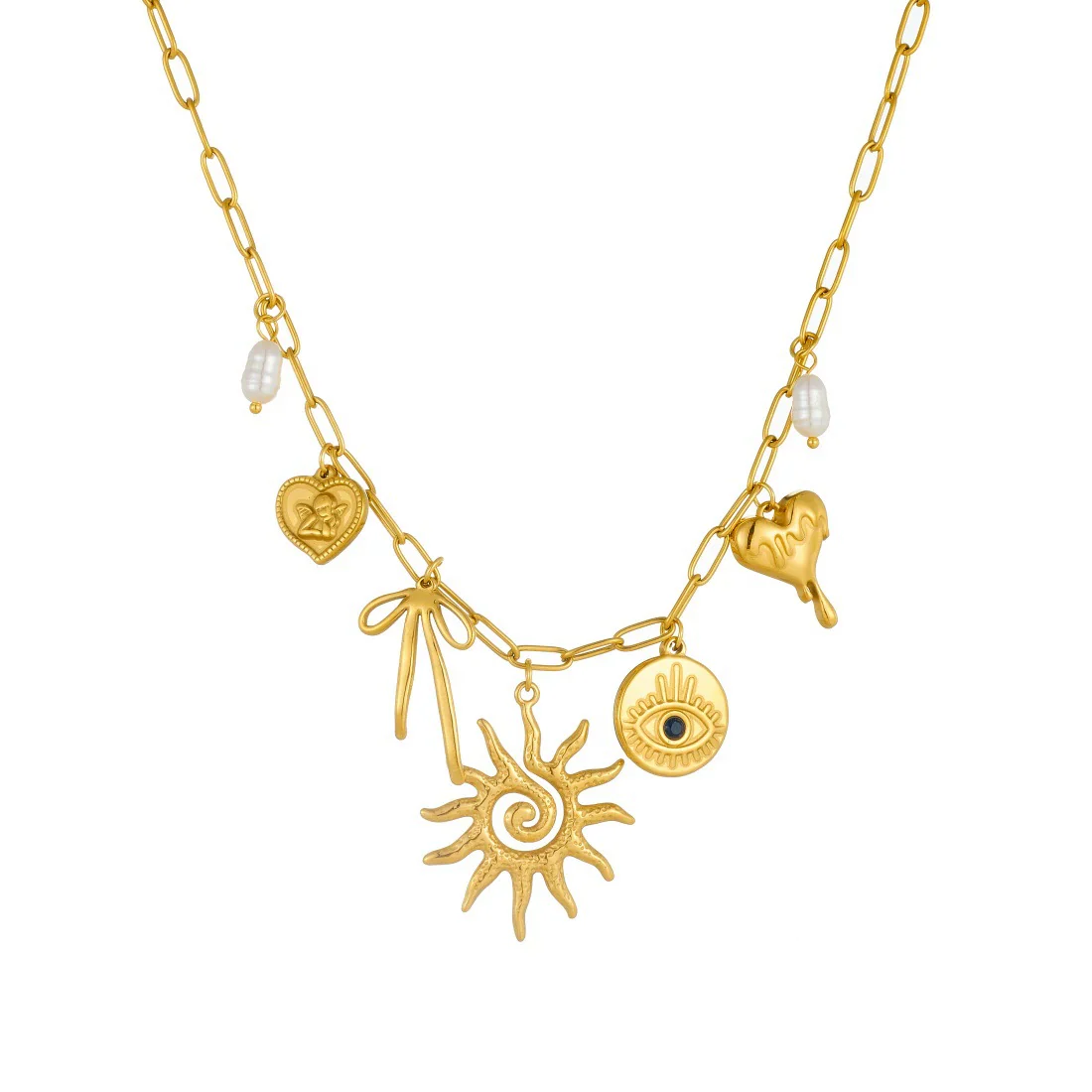 Wholesale Women's Medieval Style Goldplated Stainless Steel Necklace With Heartshaped And Bow Tie Pendant And Flat Cross Chain - Image 5